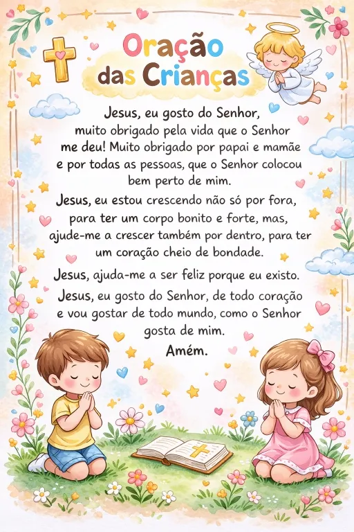 Oração das crianças ilustrada com menino e menina rezando ao lado da Bíblia