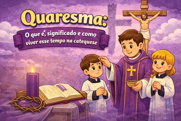 Quaresma na catequese infantil com explicação do significado e vivência desse tempo litúrgico, sacerdote impondo cinzas em criança.