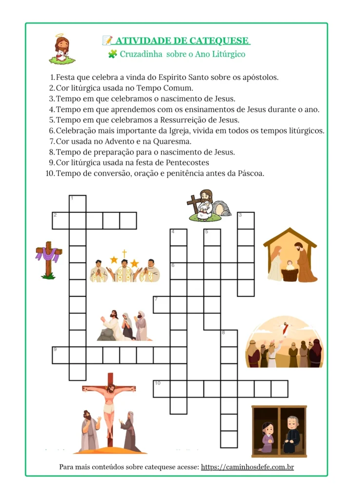 Cruzadinha sobre o Ano Litúrgico para catequese com atividades educativas sobre Advento, Natal, Quaresma, Páscoa, Pentecostes e Tempo Comum.