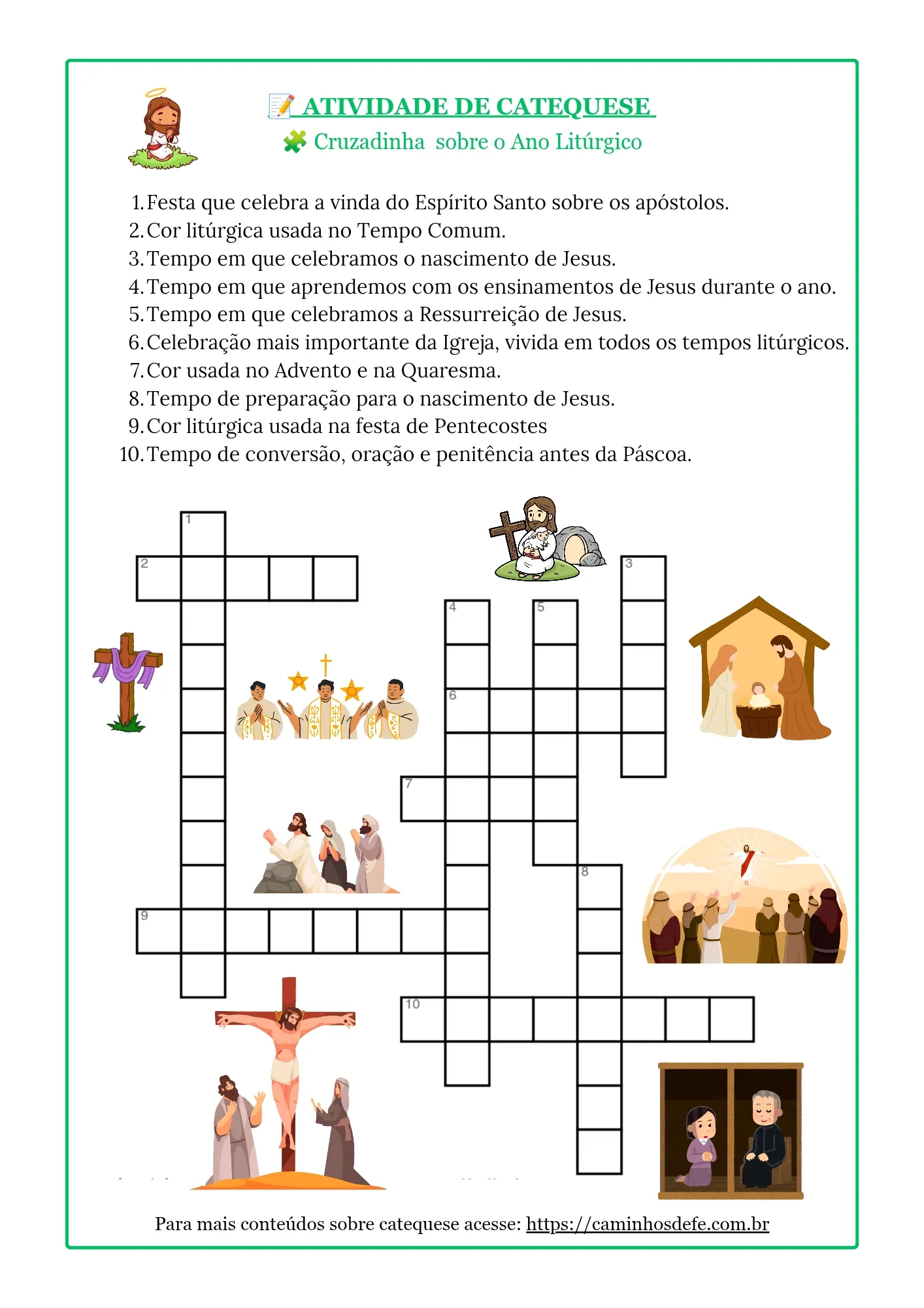 Cruzadinha sobre o Ano Litúrgico para catequese com atividades educativas sobre Advento, Natal, Quaresma, Páscoa, Pentecostes e Tempo Comum.