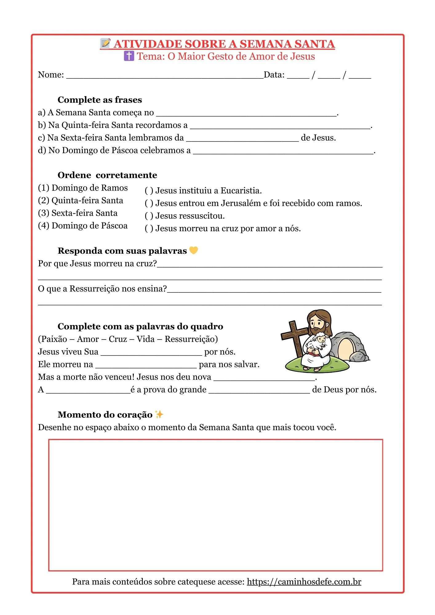 Atividade de catequese sobre a Semana Santa para crianças com perguntas e espaço para desenho