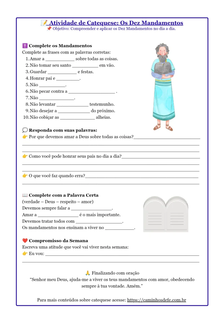 Atividade sobre os Dez Mandamentos para catequese infantil pronta para imprimir em PDF e imagem