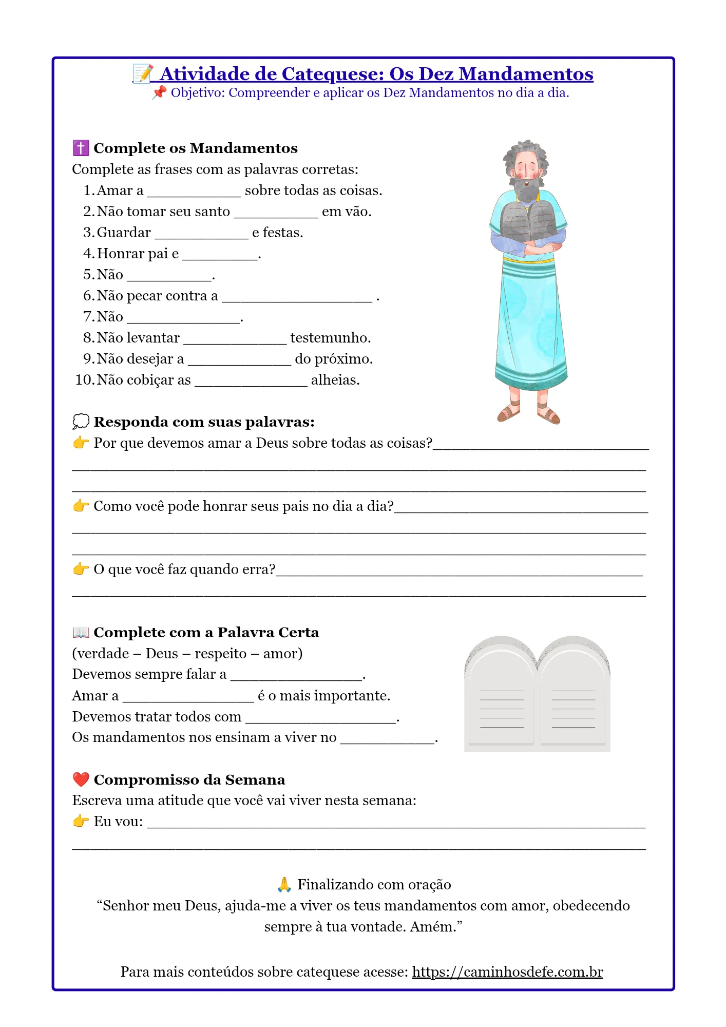 Atividade sobre os Dez Mandamentos para catequese infantil pronta para imprimir em PDF e imagem