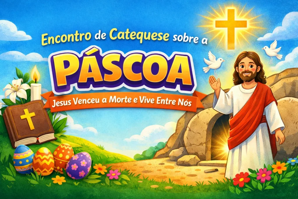Encontro de catequese sobre a Páscoa com Jesus ressuscitado ao lado do túmulo vazio, representando a Ressurreição