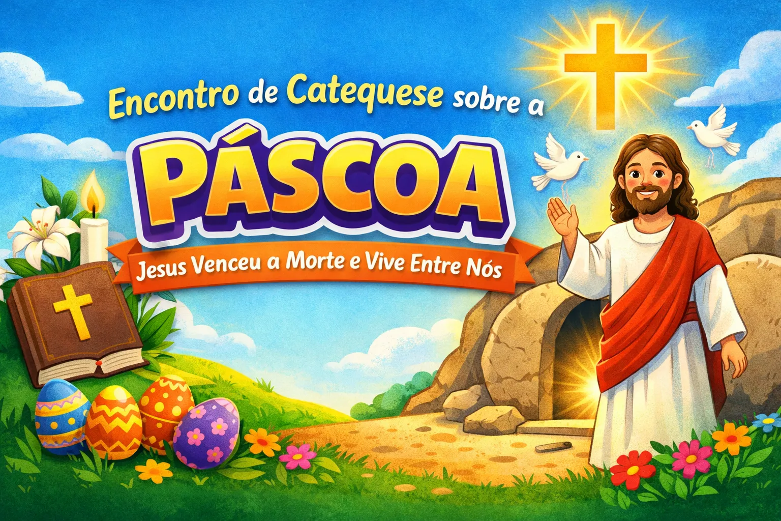 Encontro de catequese sobre a Páscoa com Jesus ressuscitado ao lado do túmulo vazio, representando a Ressurreição