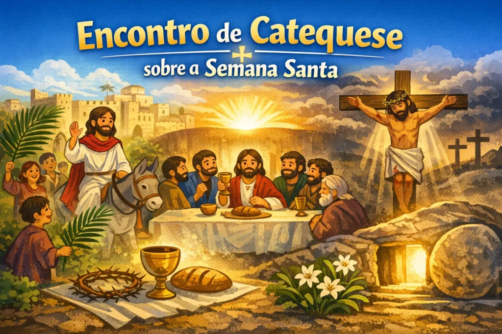 Ilustração do encontro de catequese sobre a Semana Santa mostrando a entrada de Jesus em Jerusalém, a Última Ceia, a cruz e a Ressurreição.