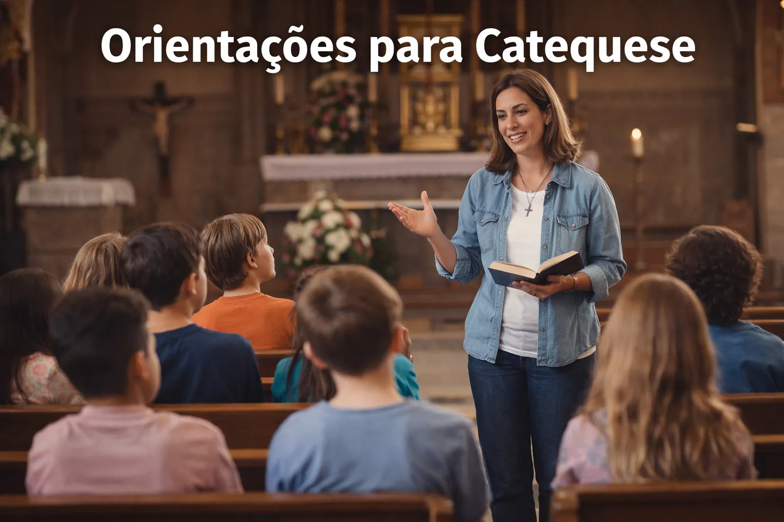 orientações para catequese com catequista ensinando crianças na igreja