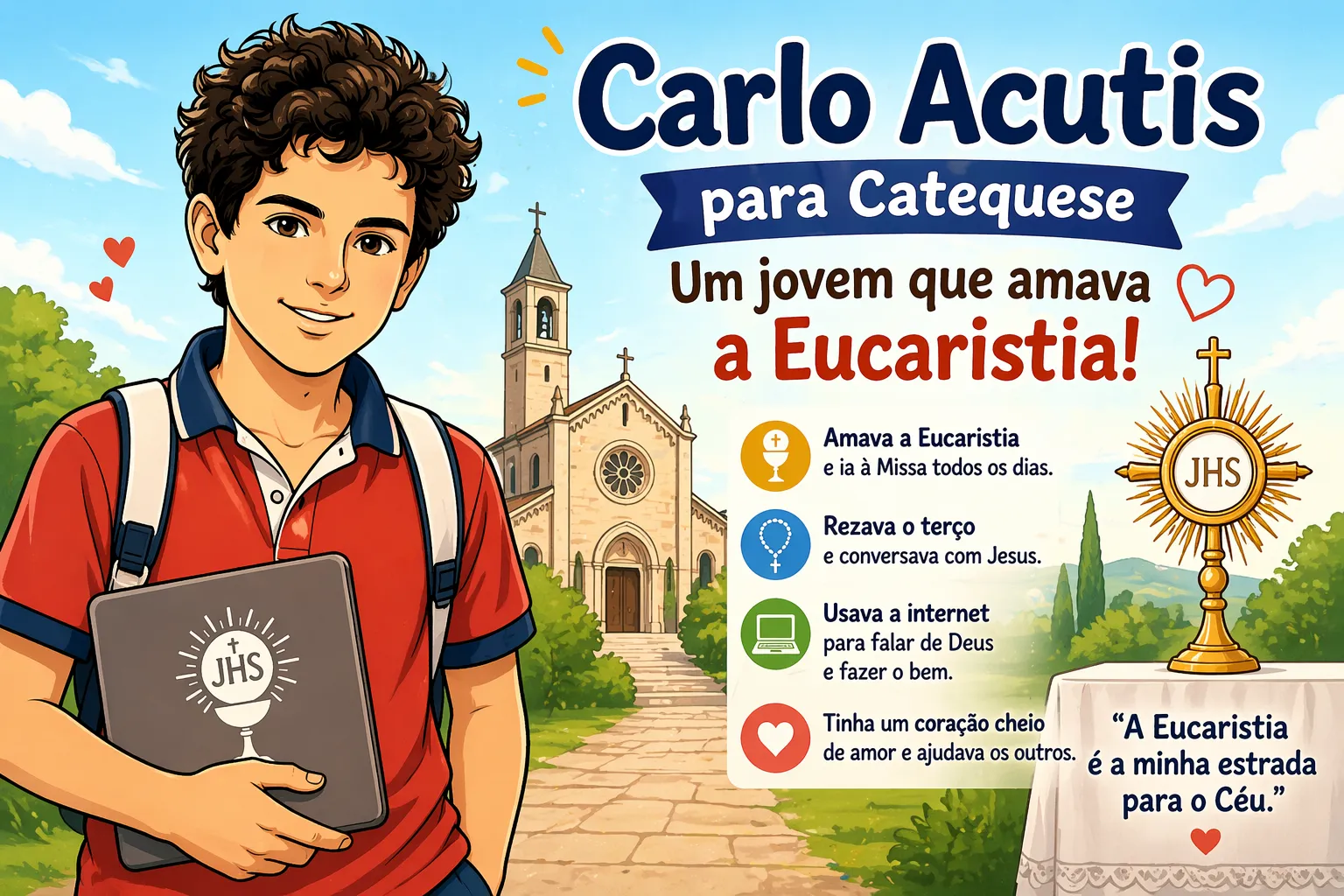 Ilustração de Carlo Acutis para catequese mostrando seu amor pela Eucaristia em história infantil