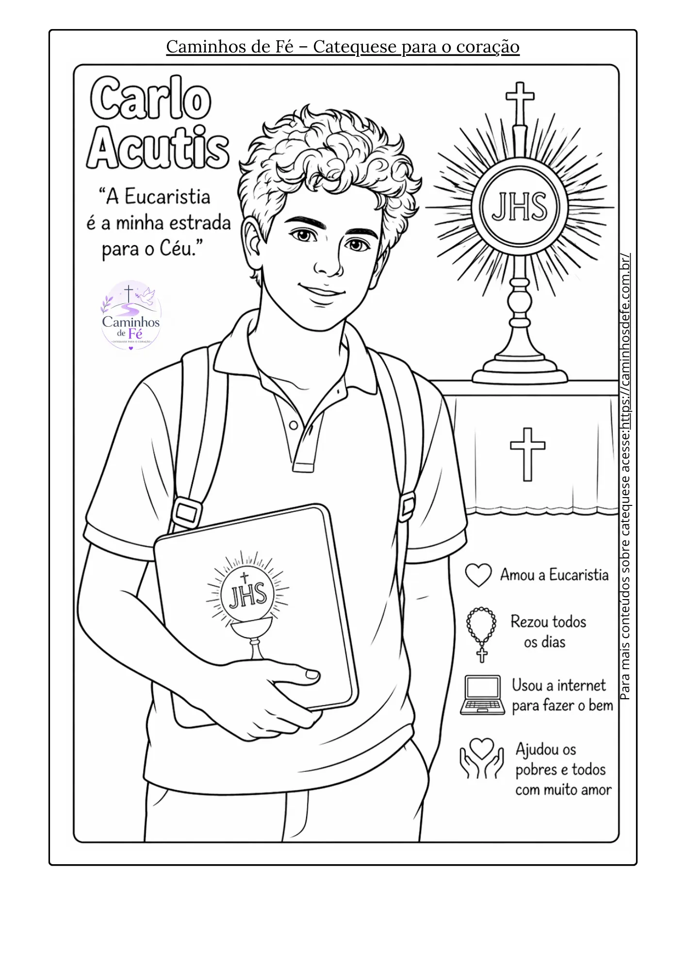 Desenho de Carlo Acutis para colorir com símbolo da Eucaristia para atividade de catequese infantil