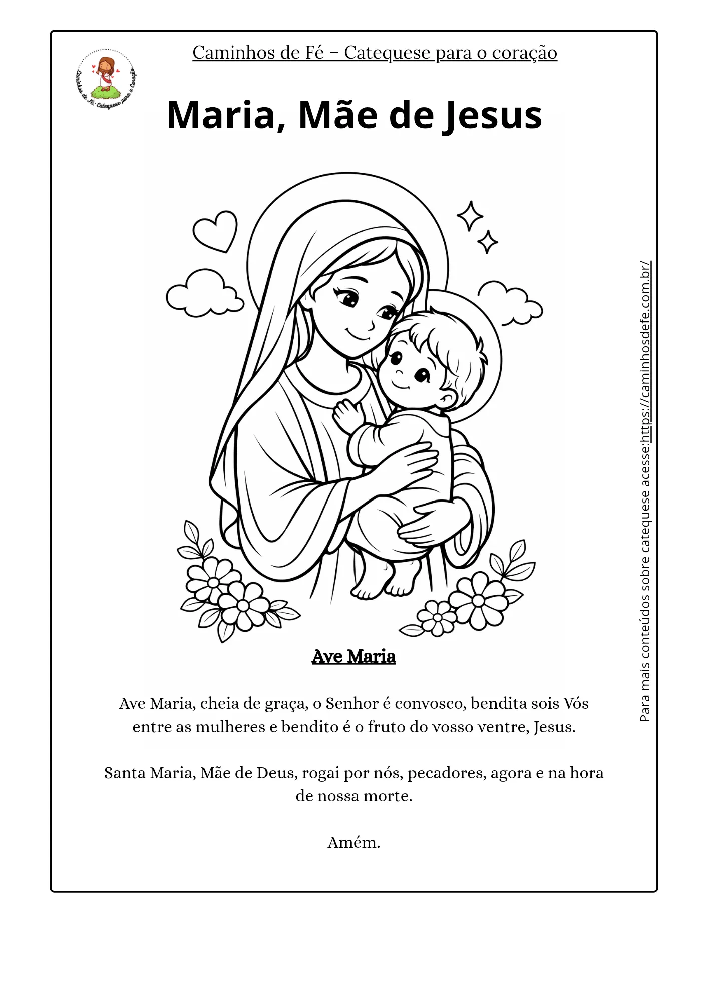 Desenho para colorir de Maria com o Menino Jesus para atividade de catequese infantil