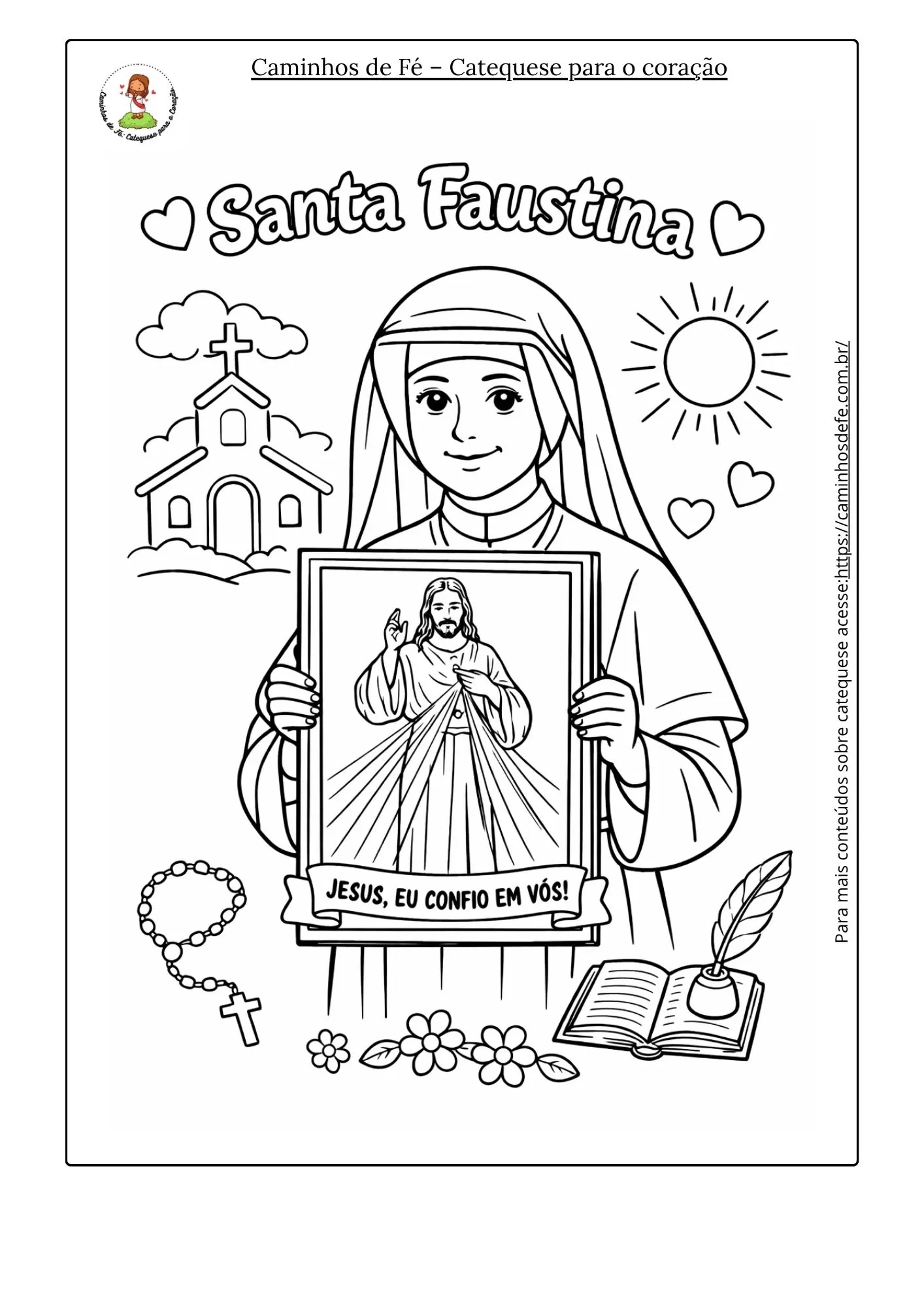 Desenho de Santa Faustina para colorir com Jesus Misericordioso para atividade de catequese infantil