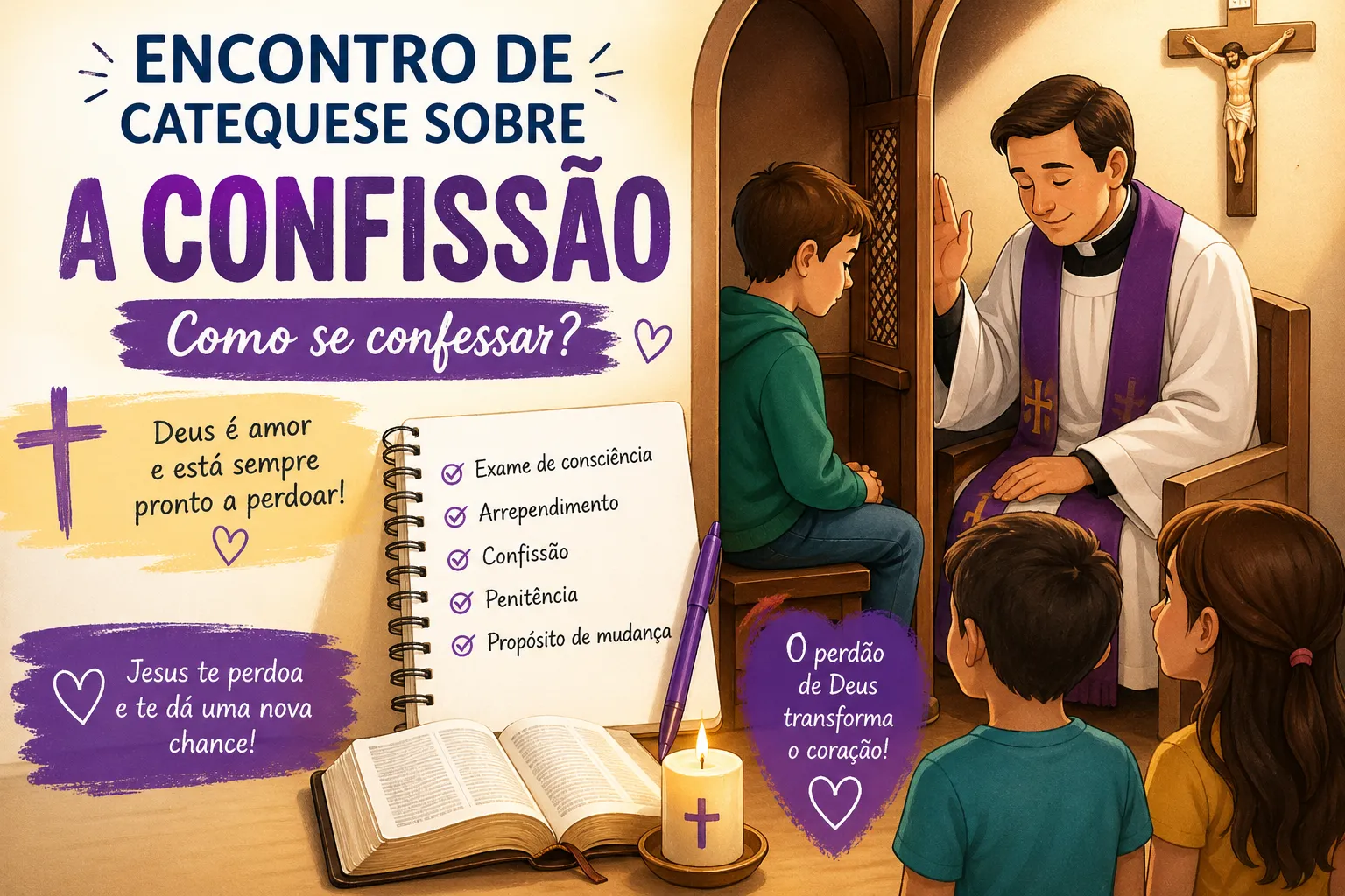 Ilustração de encontro de catequese sobre a confissão com crianças aprendendo como se confessar com o padre
