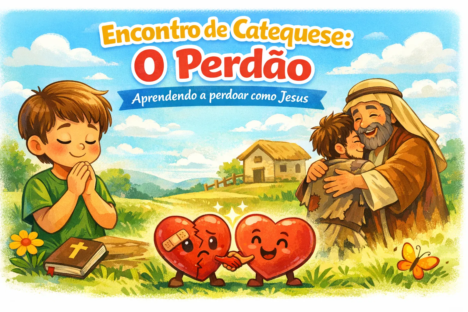 Ilustração de encontro de catequese sobre o perdão com crianças, coração representando reconciliação e cena do filho pródigo sendo acolhido pelo pai