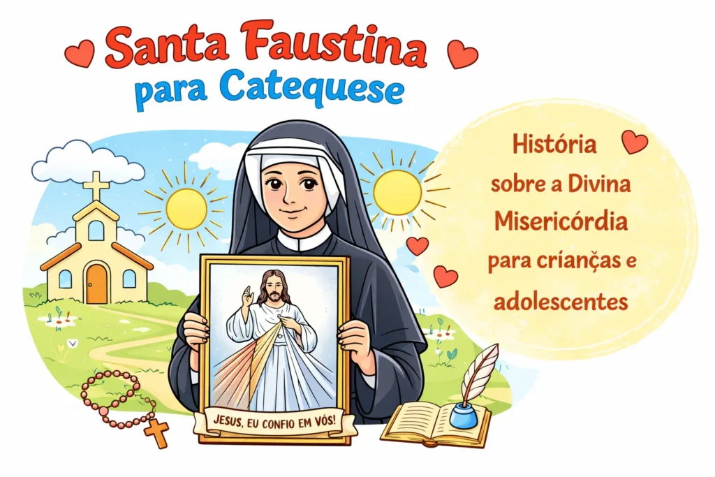 Ilustração de Santa Faustina segurando a imagem de Jesus Misericordioso para catequese infantil sobre a Divina Misericórdia