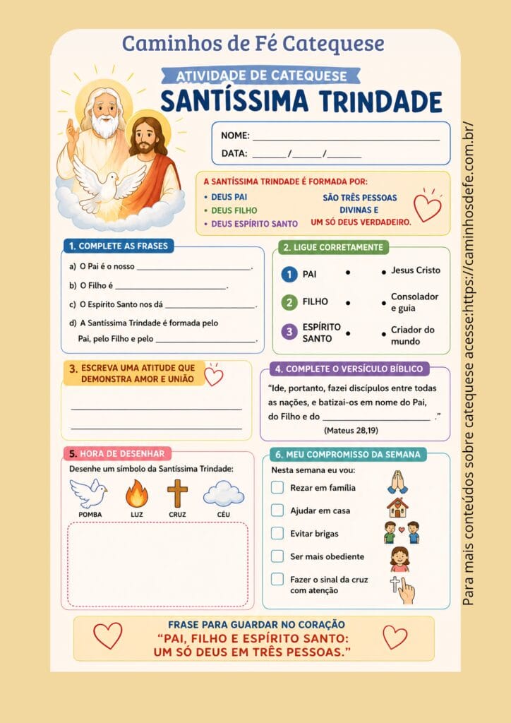 Atividade infantil de catequese sobre a Santíssima Trindade com exercícios, desenhos e explicações sobre Deus Pai, Filho e Espírito Santo.