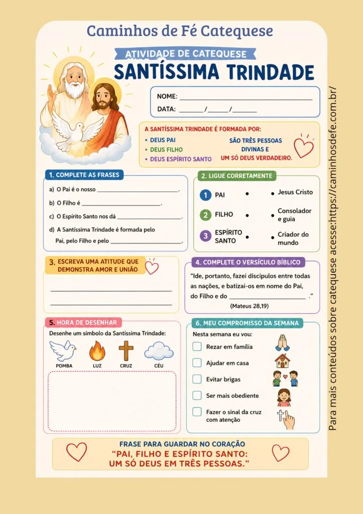 Atividade infantil de catequese sobre a Santíssima Trindade com exercícios, desenhos e explicações sobre Deus Pai, Filho e Espírito Santo.