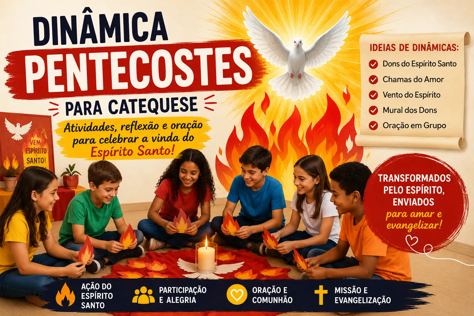 Imagem vertical sobre dinâmica de Pentecostes para catequese com crianças reunidas em oração, Bíblia aberta, chama do Espírito Santo e símbolos dos dons espirituais.
