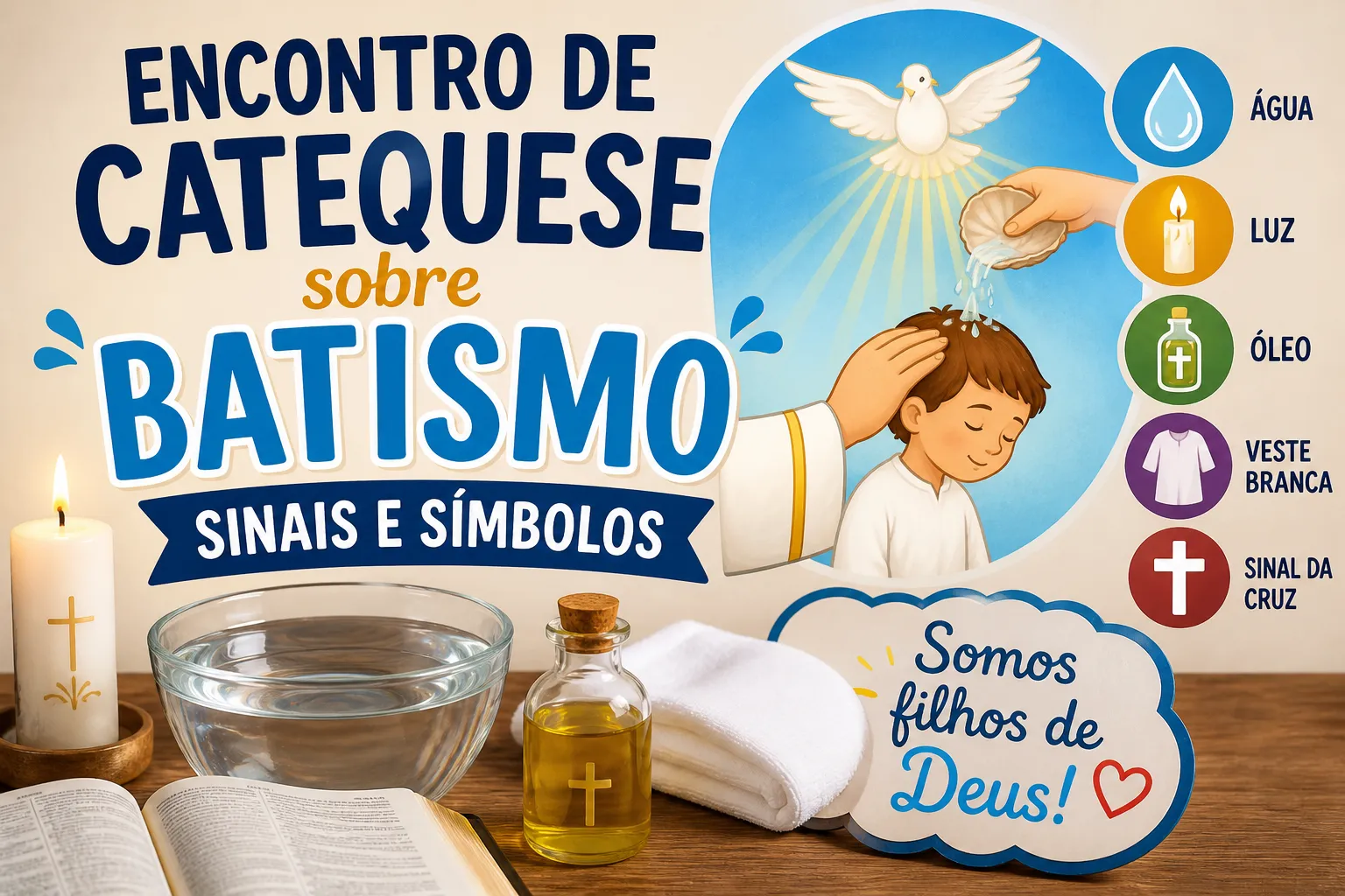 Encontro de catequese sobre o Batismo com símbolos como água, vela, óleo e veste branca
