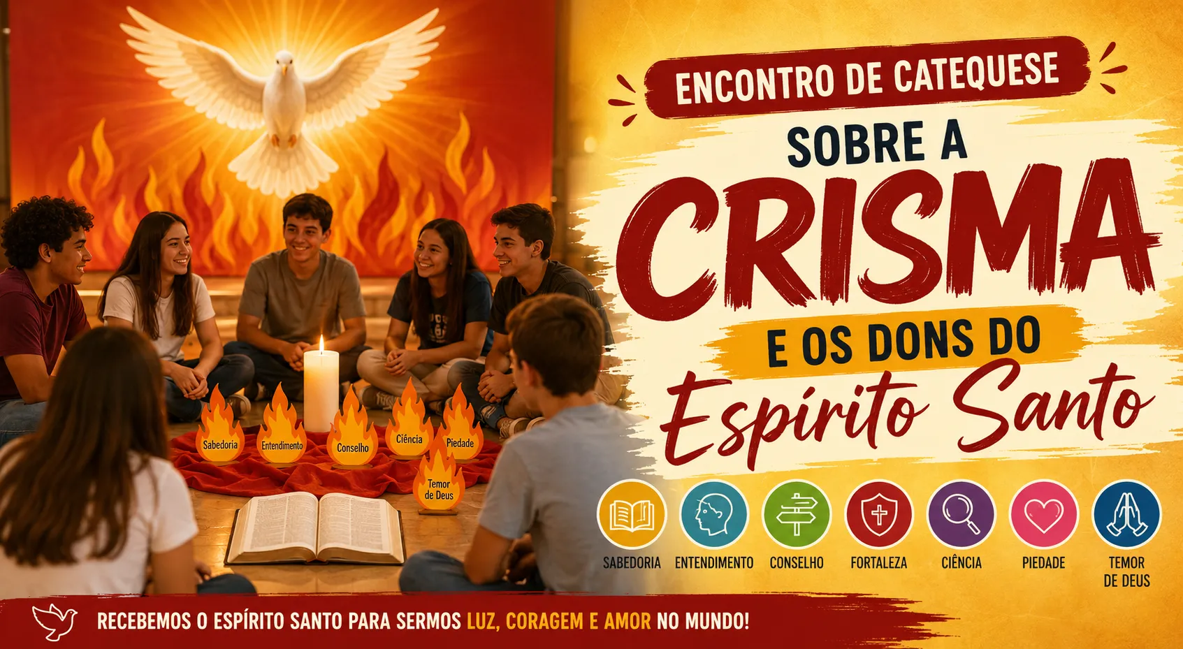 Catequizandos reunidos em um encontro de catequese sobre a Crisma e os dons do Espírito Santo, com símbolos do Espírito Santo, Bíblia aberta e velas.