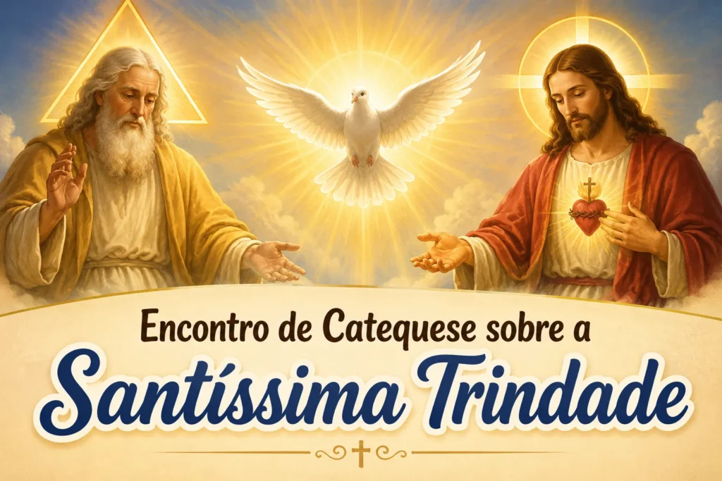 Imagem religiosa representando Deus Pai, Jesus Cristo e a pomba do Espírito Santo para encontro de catequese sobre a Santíssima Trindade.