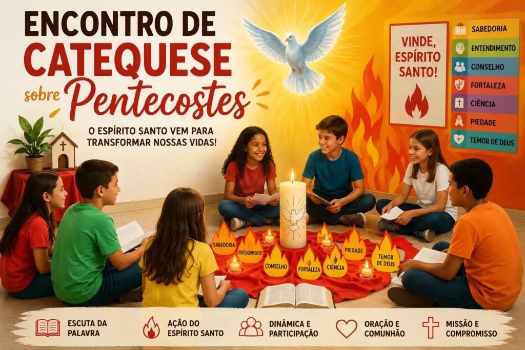 Crianças reunidas em um encontro de catequese sobre Pentecostes com símbolos do Espírito Santo, velas, Bíblia aberta e dons do Espírito Santo.