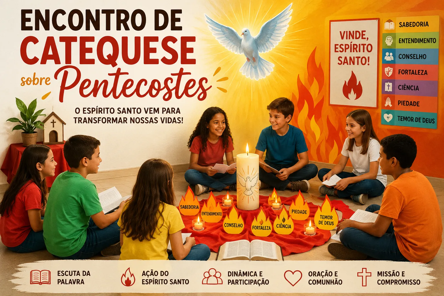 Crianças reunidas em um encontro de catequese sobre Pentecostes com símbolos do Espírito Santo, velas, Bíblia aberta e dons do Espírito Santo.