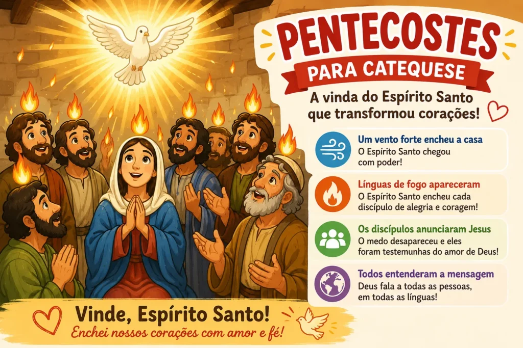 Ilustração de Pentecostes para catequese mostrando o Espírito Santo descendo sobre os discípulos e Maria