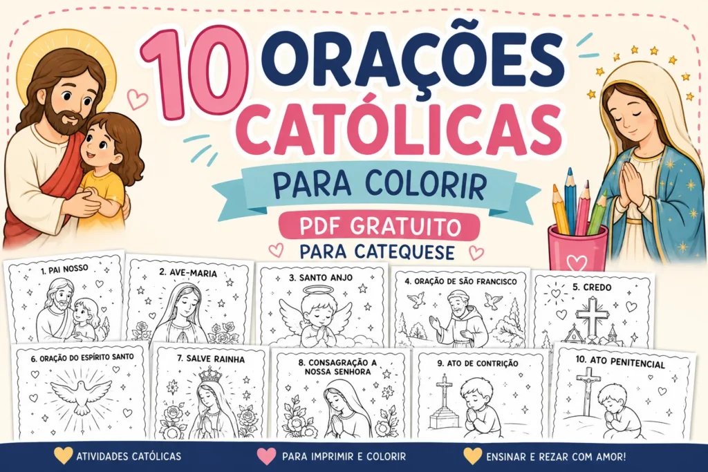 Capa com 10 orações católicas para colorir em PDF gratuito para catequese infantil e atividades de oração para imprimir