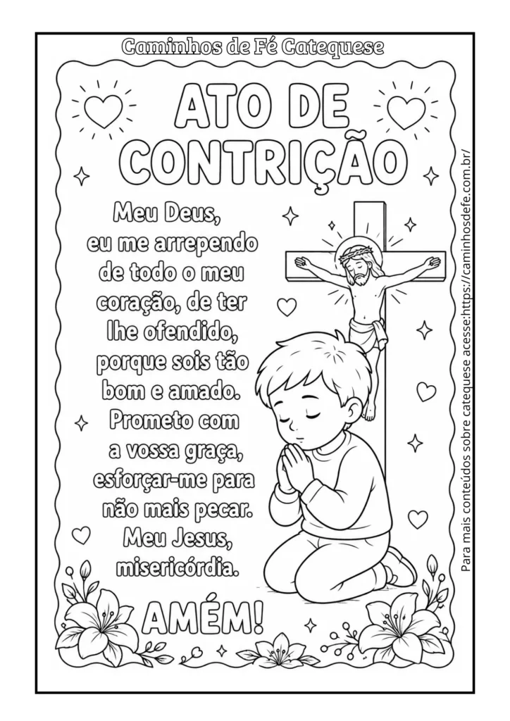 Oração Ato de Contrição para colorir com atividade católica infantil para catequese e impressão