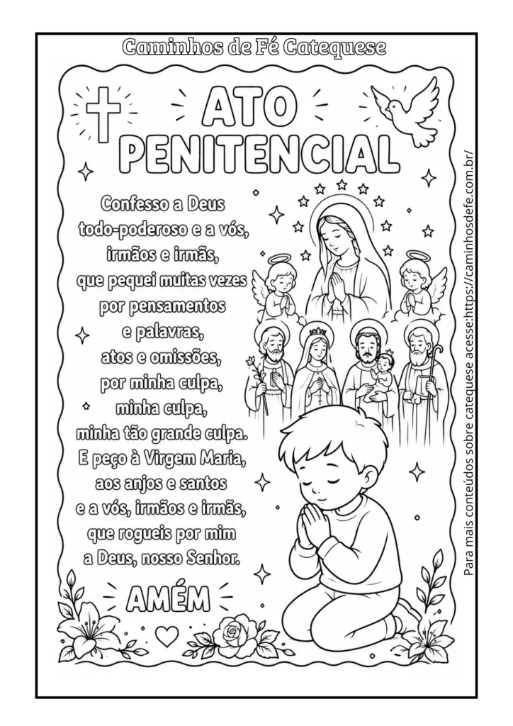 Oração Ato Penitencial para colorir com atividade católica infantil para catequese e impressão