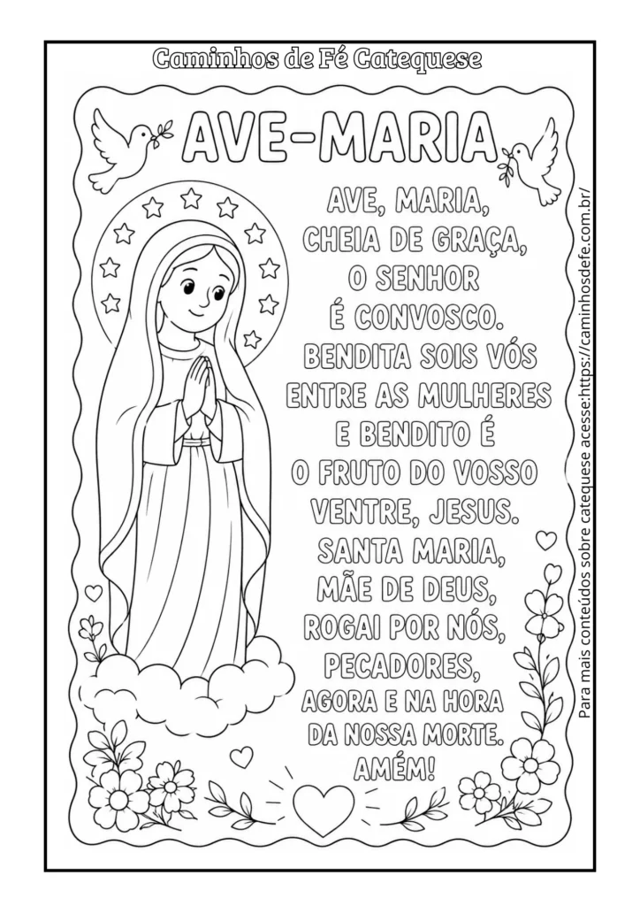 Oração Ave-Maria para colorir com atividade católica infantil para catequese e impressão