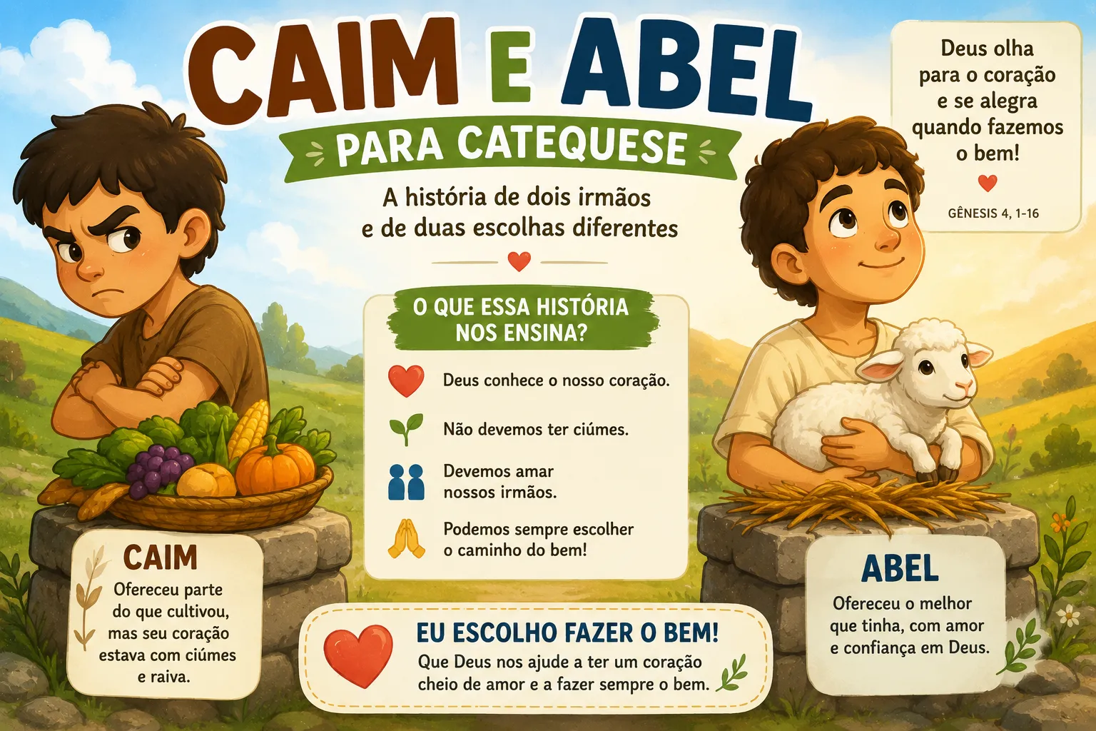 Ilustração de Caim e Abel para catequese mostrando as ofertas apresentadas a Deus