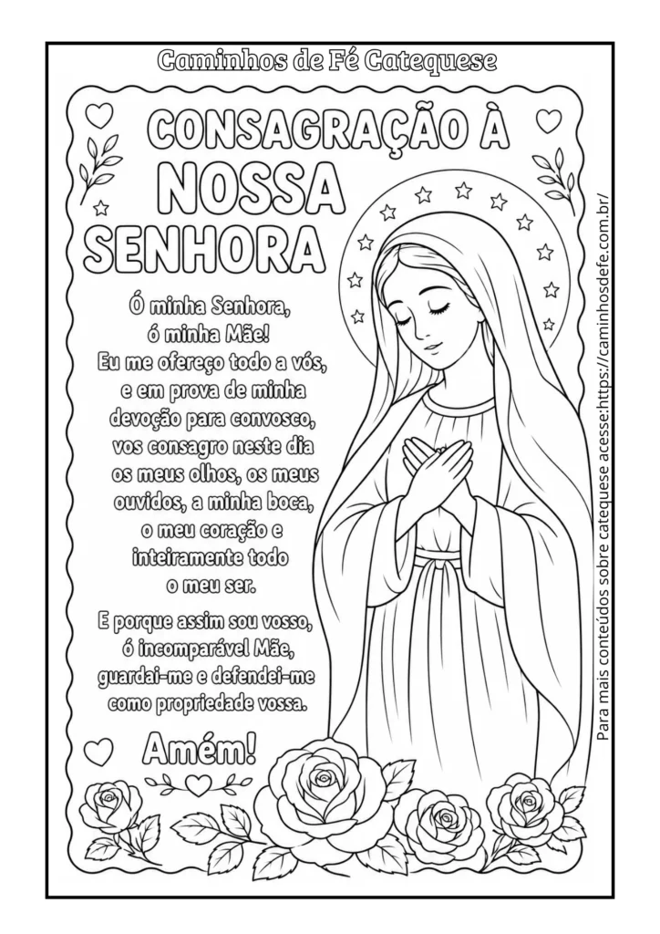 Oração de consagração à Nossa Senhora para colorir com atividade católica infantil para catequese