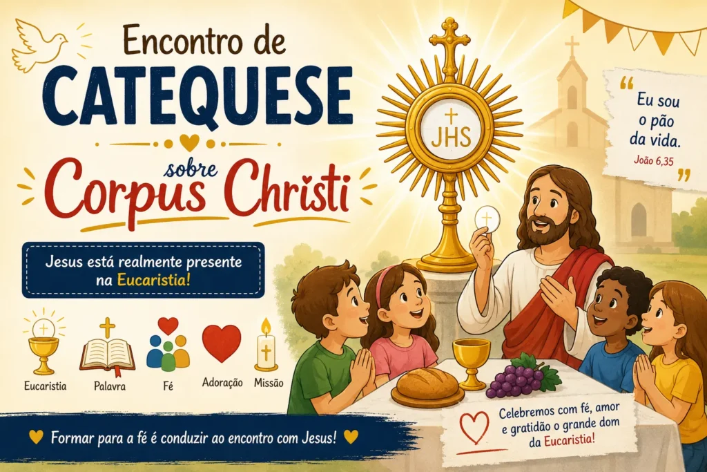 Ilustração de encontro de catequese sobre Corpus Christi com Jesus, crianças e símbolos da Eucaristia, destacando a presença real de Cristo no Santíssimo Sacramento.