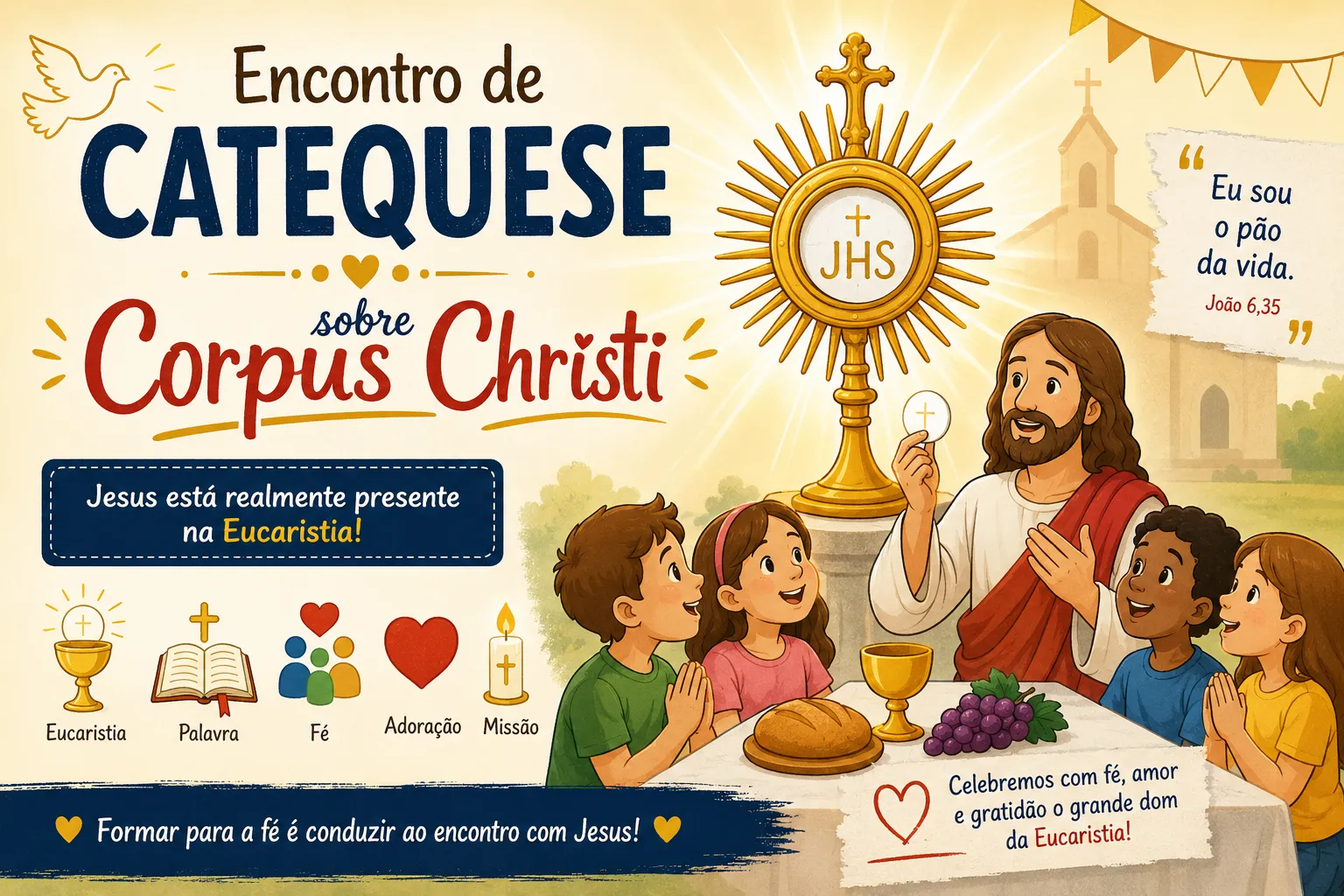 Ilustração de encontro de catequese sobre Corpus Christi com Jesus, crianças e símbolos da Eucaristia, destacando a presença real de Cristo no Santíssimo Sacramento.
