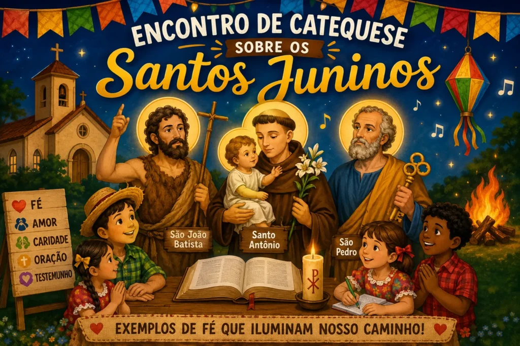 Catequese sobre os Santos Juninos com São João Batista, Santo Antônio e São Pedro reunidos com crianças em ambiente festivo e religioso.