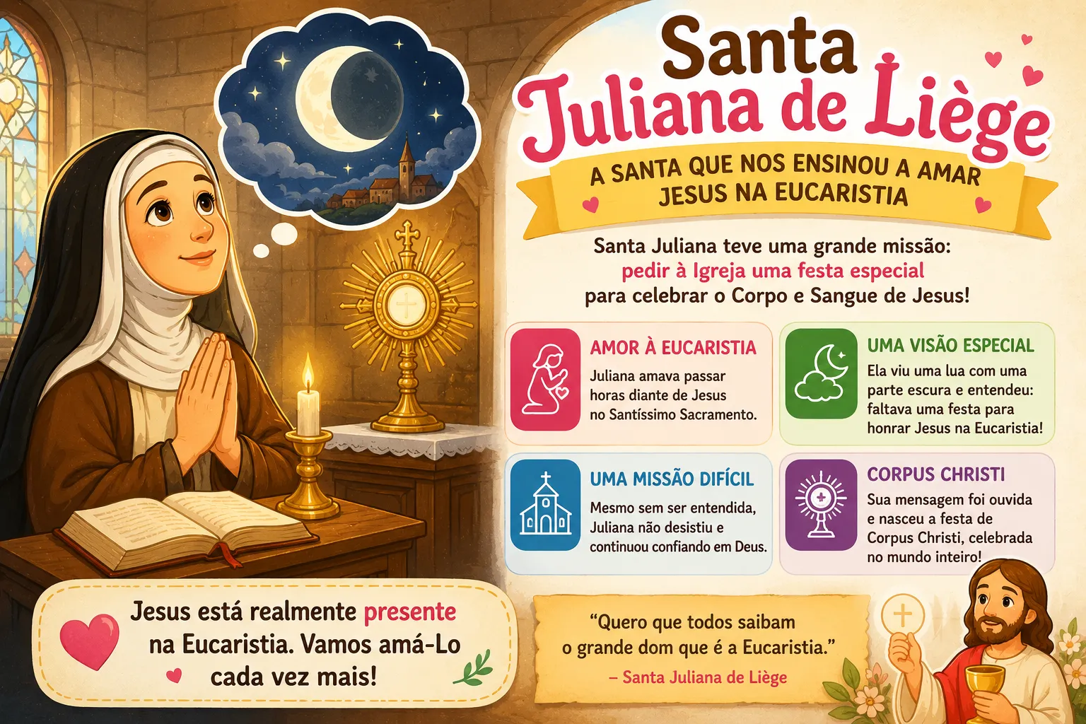 Ilustração de Santa Juliana de Liège em oração diante do Santíssimo Sacramento, ensinando sobre Corpus Christi e a Eucaristia na catequese.