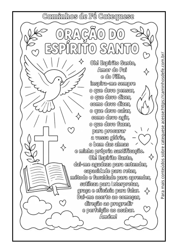 Oração do Espírito Santo para colorir com atividade católica infantil para catequese e impressão