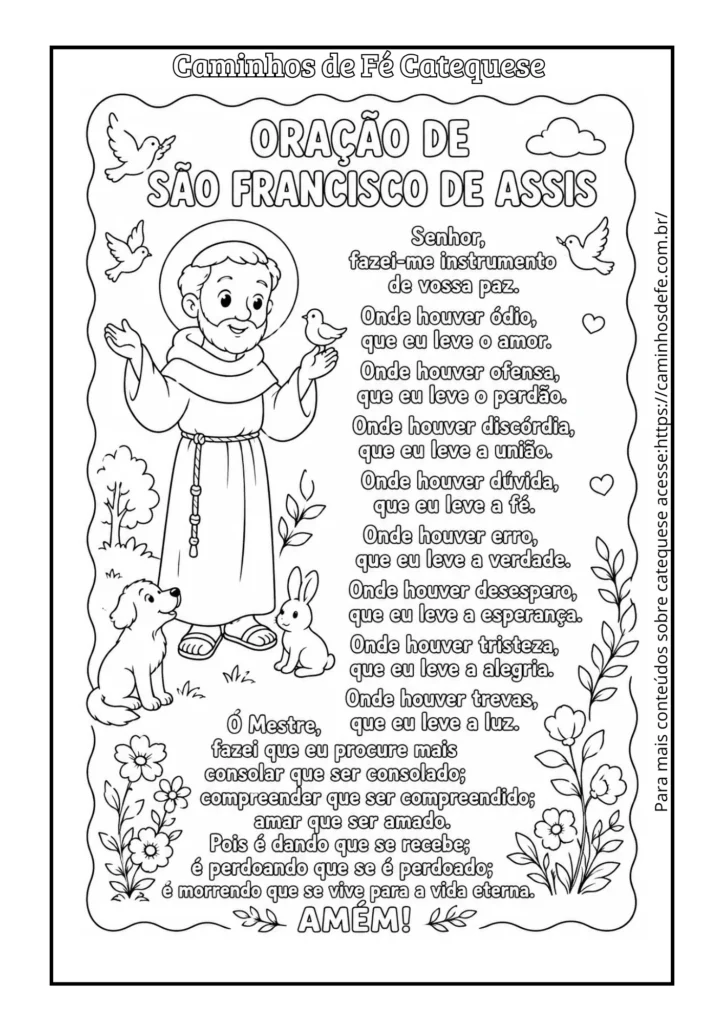 Oração de São Francisco de Assis para colorir com atividade católica infantil para catequese