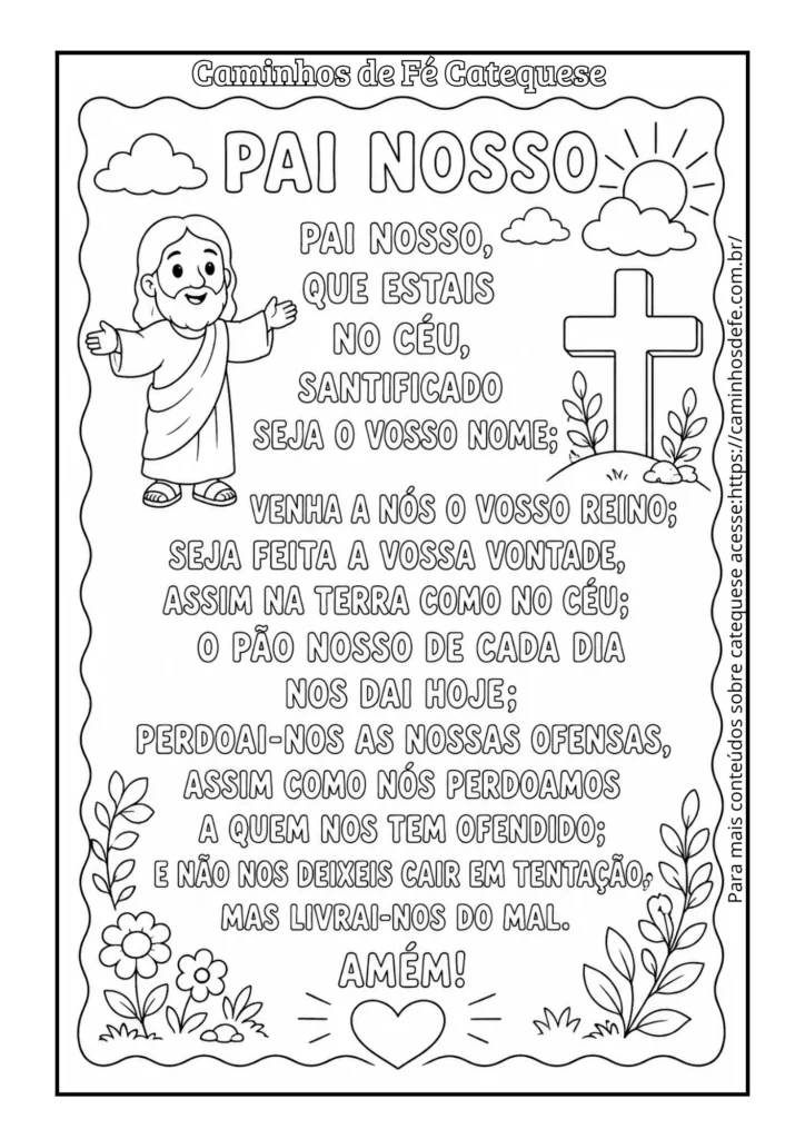 Oração Pai Nosso para colorir com atividade católica infantil para catequese e impressão