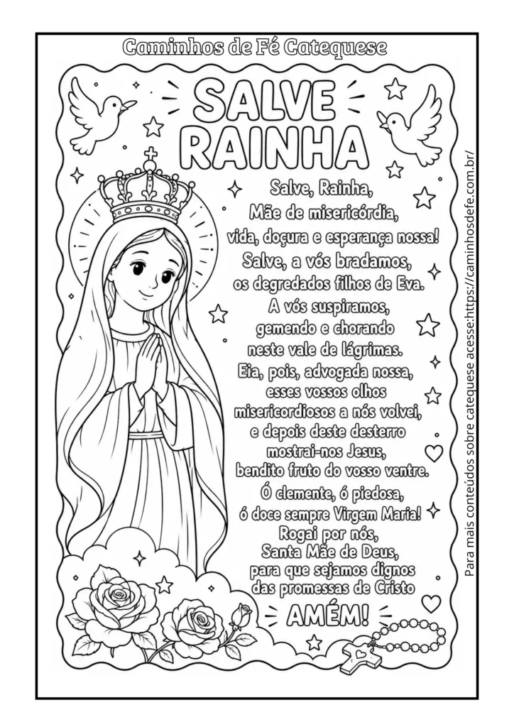 Oração Salve Rainha para colorir com atividade católica infantil para catequese e impressão