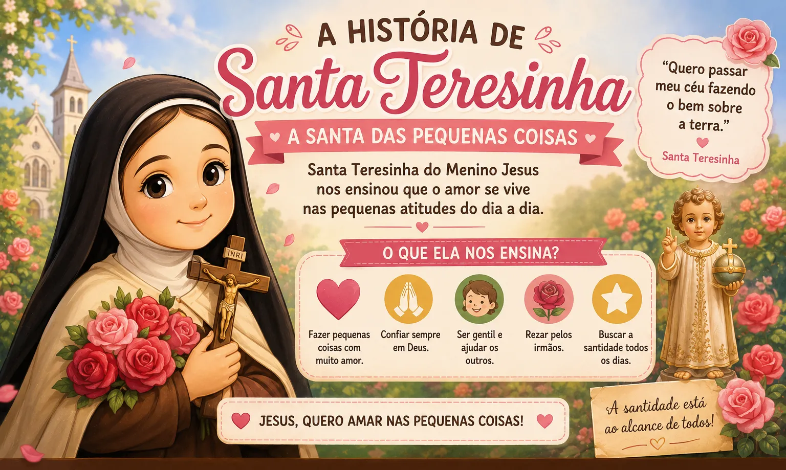 Ilustração de Santa Teresinha do Menino Jesus para catequese segurando rosas e ensinando o caminho das pequenas coisas