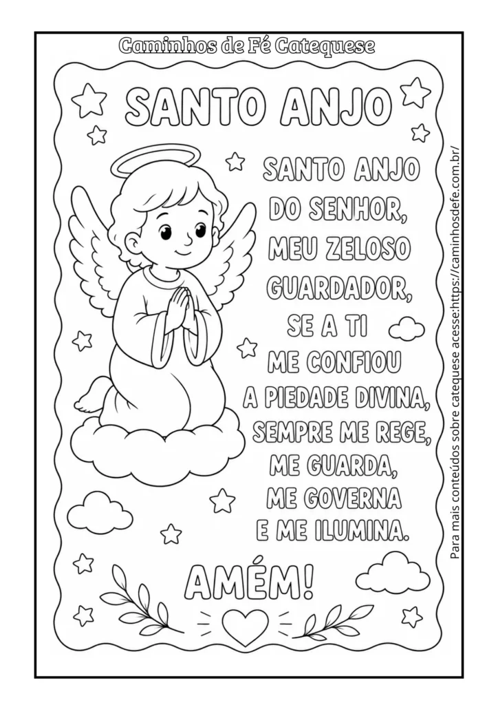 Oração Santo Anjo para colorir com atividade católica infantil para catequese e impressão