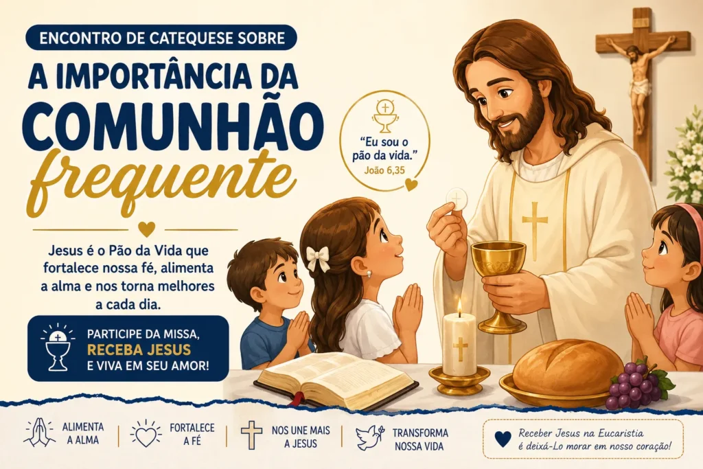 Encontro de catequese sobre a importância da comunhão frequente com crianças aprendendo sobre a Eucaristia e o Pão da Vida.