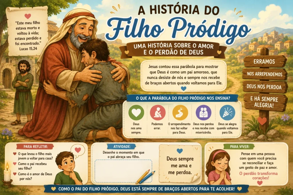 Ilustração da parábola do Filho Pródigo mostrando o pai abraçando o filho arrependido, em imagem para catequese sobre o amor, o perdão e a misericórdia de Deus.