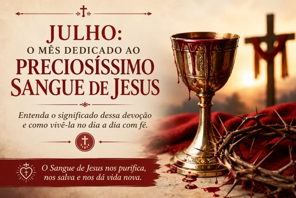 Ilustração sobre julho, mês dedicado ao Preciosíssimo Sangue de Jesus, com cálice, cruz e coroa de espinhos, representando a redenção de Cristo.
