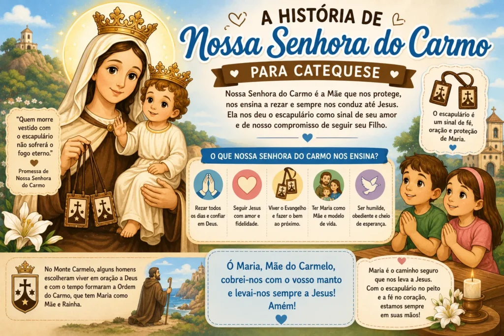 Ilustração de Nossa Senhora do Carmo com o Menino Jesus e o escapulário, em imagem para catequese sobre a devoção mariana e a confiança em Deus.