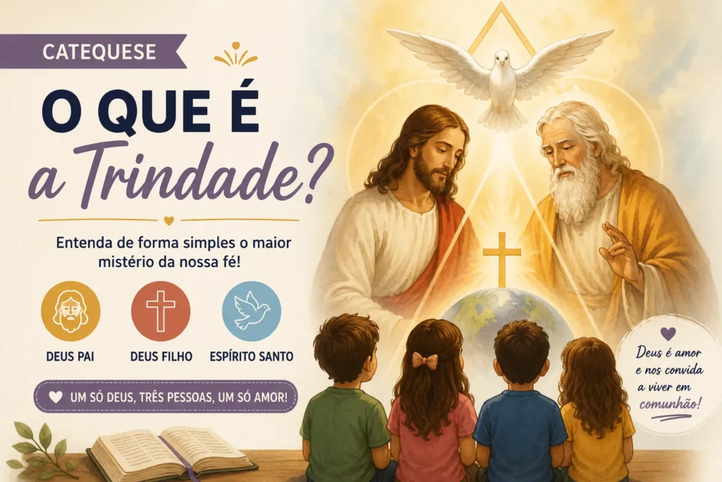 Ilustração da Santíssima Trindade com Deus Pai, Jesus Cristo e o Espírito Santo em forma de pomba durante um encontro de catequese.