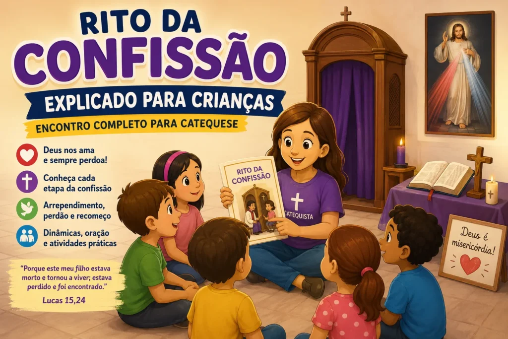 Crianças aprendendo o rito da confissão durante um encontro de catequese com catequista explicando o Sacramento da Reconciliação.