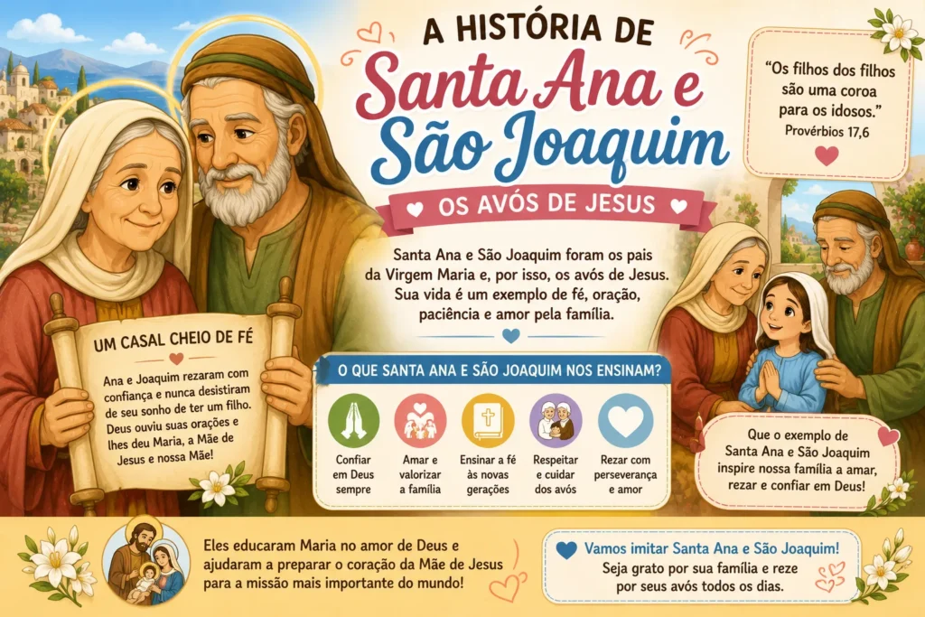 Ilustração de Santa Ana e São Joaquim ensinando a fé à pequena Maria, em imagem para catequese sobre os avós de Jesus.